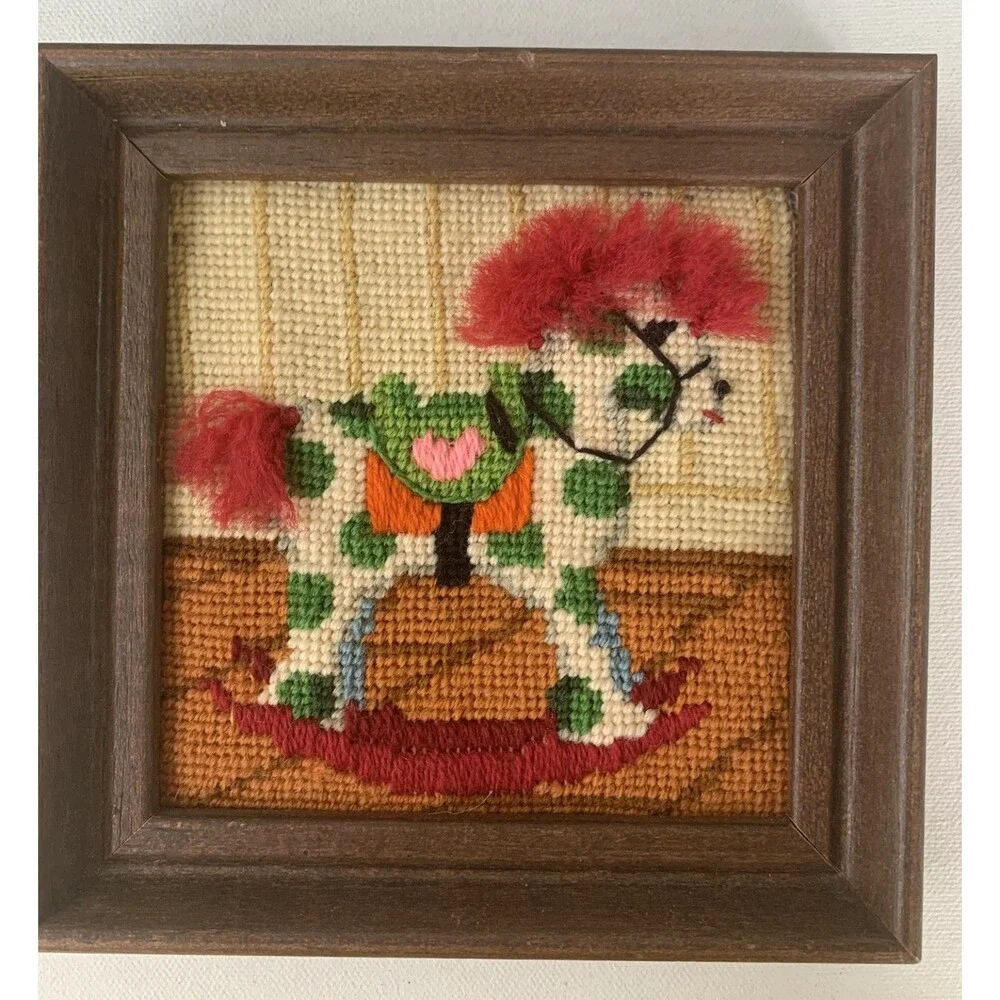 Vintage  Framed Needlepoint Rocking Horse Baby Decor Nursery Child 6.25” X 6.25”